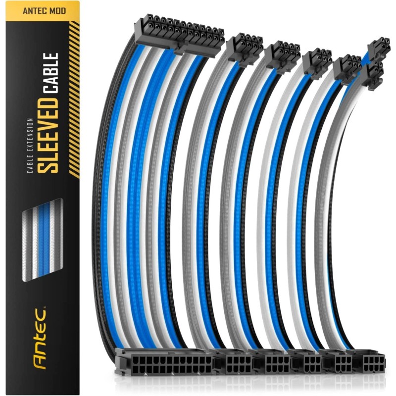 Antec Sleeved Extension Power Supply Cable Kit, w/Combs, Blue Gray Antec Sleeved Extension Power Supply Cable Kit, w/Combs, Blue Gray
