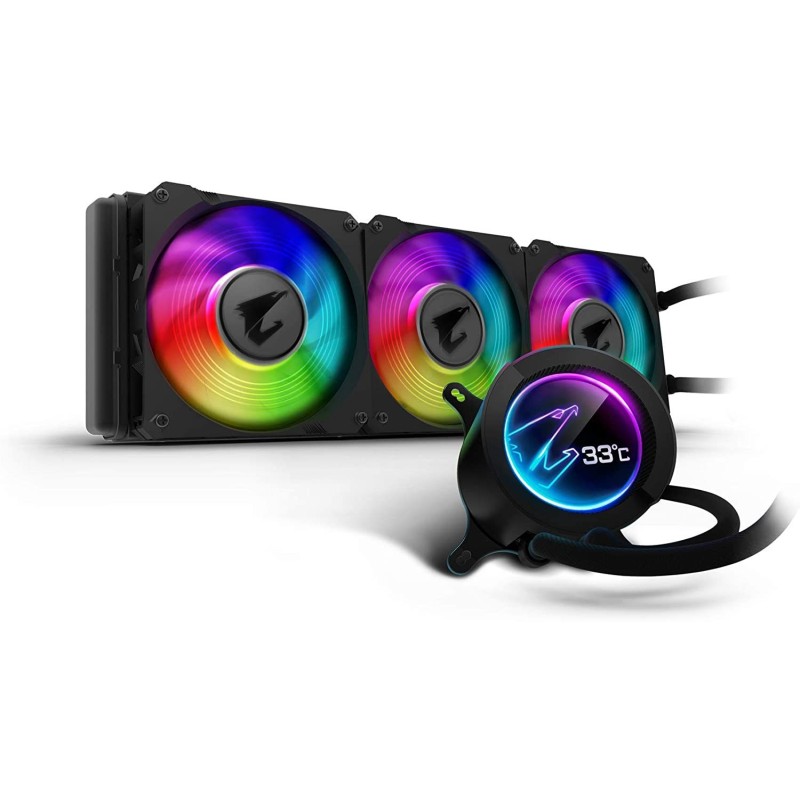 GIGABYTE AORUS RGB AIO Liquid Cooler 360, 360mm Radiator, Triple 120mm Windforce PWM Fans, Customizable Full Color LCD Display, Advanced RGB Lighting and Control, Intel 115X/2066, AMD AM4, TR4 GIGABYTE AORUS RGB AIO Liquid Cooler 360, 360mm Radiator, Triple 120mm Windforce PWM Fans, Customizable Full Color LCD Display, Advanced RGB Lighting and Control, Intel 115X/2066, AMD AM4, TR4