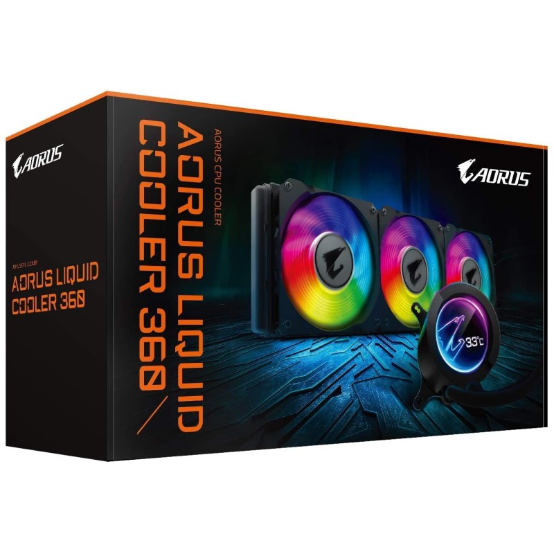 GIGABYTE AORUS RGB AIO Liquid Cooler 360, 360mm Radiator, Triple 120mm Windforce PWM Fans, Customizable Full Color LCD Display, Advanced RGB Lighting and Control, Intel 115X/2066, AMD AM4, TR4 GIGABYTE AORUS RGB AIO Liquid Cooler 360, 360mm Radiator, Triple 120mm Windforce PWM Fans, Customizable Full Color LCD Display, Advanced RGB Lighting and Control, Intel 115X/2066, AMD AM4, TR4