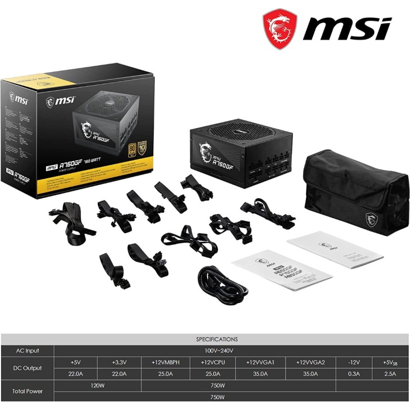 MSI MPG A750GF EU Plug PSU 750 W, 80 Plus Gold Certified, Fully Modular, 100% Japanese Capacitor, Flat Cables, ATX Power Supply Unit, EU Powercord, Black MSI MPG A750GF EU Plug PSU 750 W, 80 Plus Gold Certified, Fully Modular, 100% Japanese Capacitor, Flat Cables, ATX Power Supply Unit, EU Powercord, Black