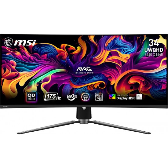 MSI MAG341CQP QD-OLED, 34 Curved OLED Gaming Monitor, 3440 x 1440 (UWQHD), OLED 0.03ms Response time, 175Hz, True Black HDR 400, HDMI, DP Port, USB Type C, Tilt, Height,Black