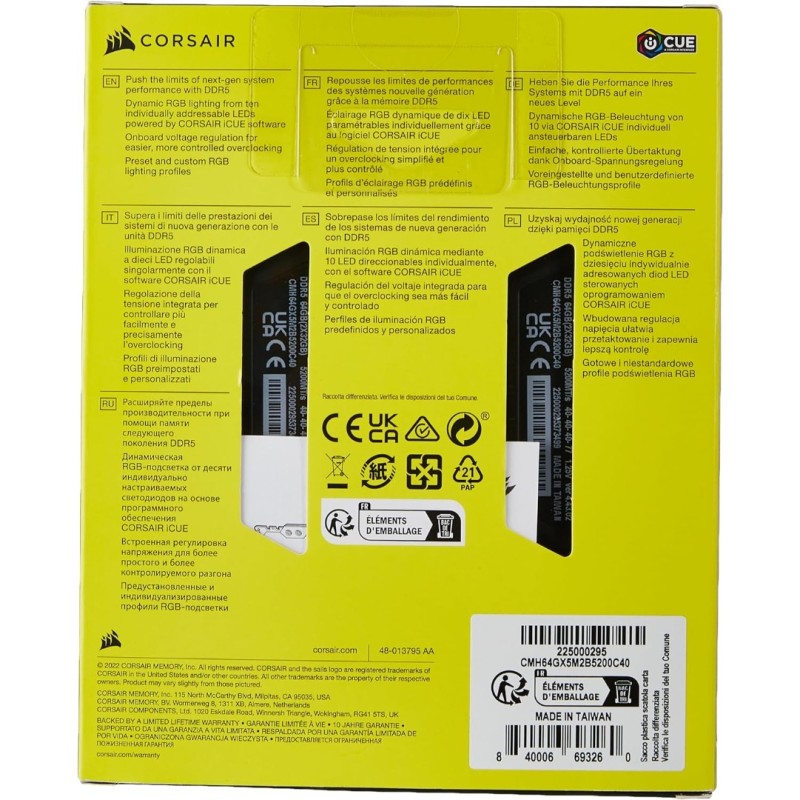 Corsair VENGEANCE RGB 64GB (2x32GB) DDR5 5200MT/s CL40 Corsair VENGEANCE RGB 64GB (2x32GB) DDR5 5200MT/s CL40