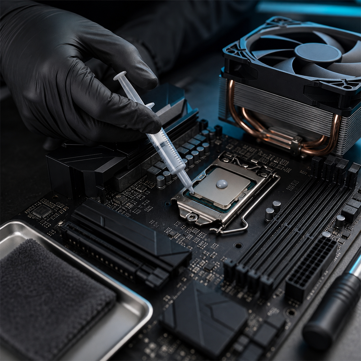 Technician applying thermal paste to a CPU