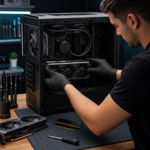 Technician installing a PC component upgrade