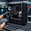 Technician cleaning an open desktop PC