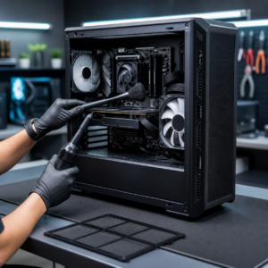 Technician cleaning an open desktop PC