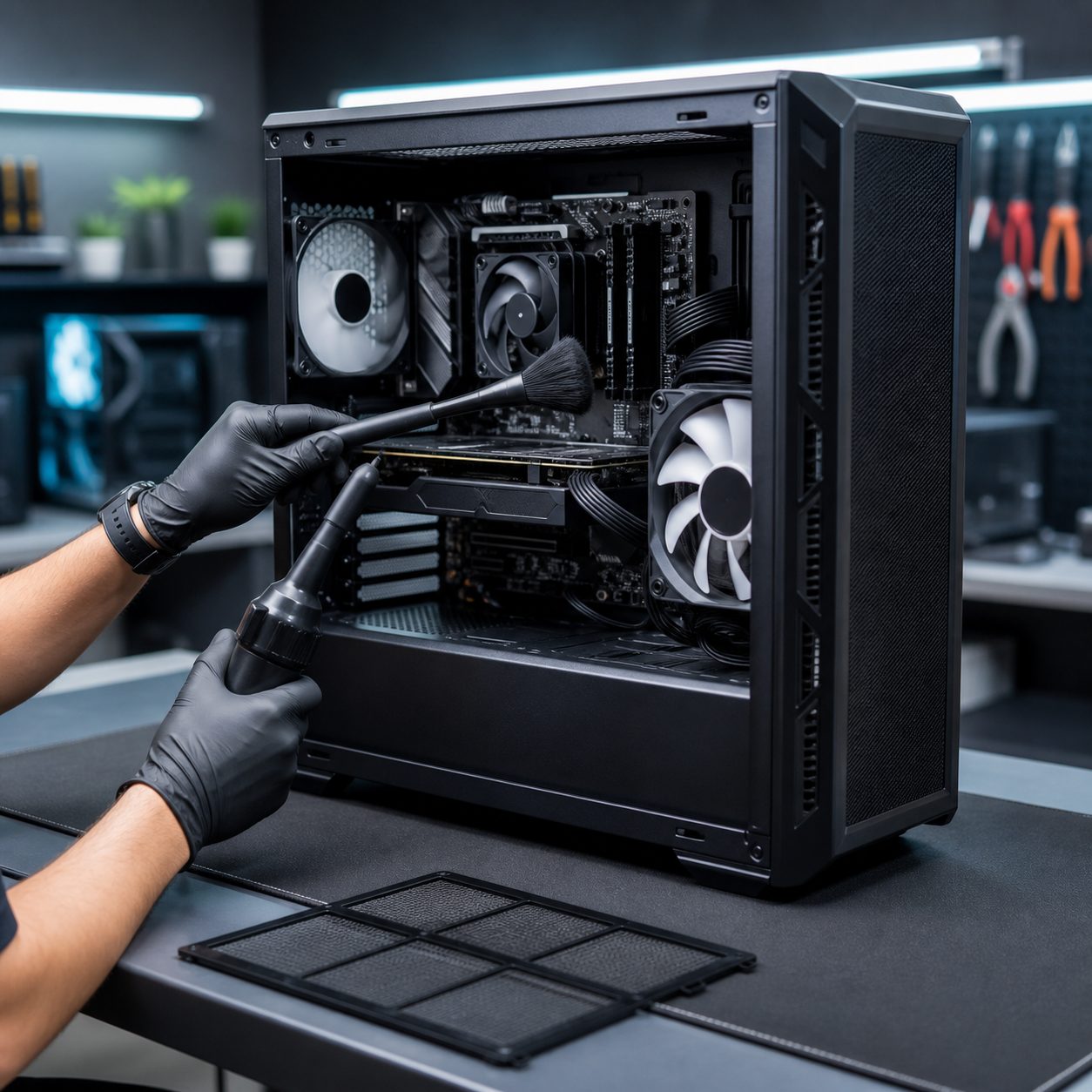 Technician cleaning an open desktop PC