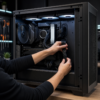 Technician routing cables inside a desktop PC