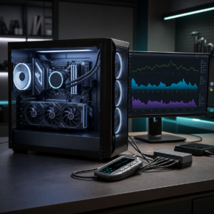 Desktop PC connected to stability testing equipment