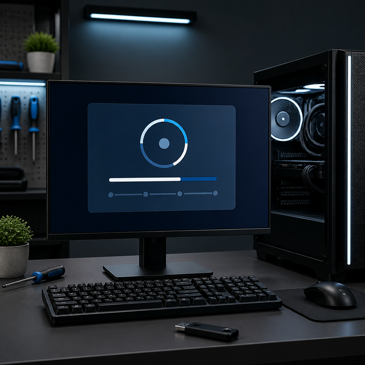 Computer setup screen with installation progress