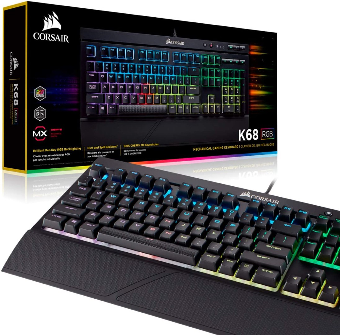 Corsair K68 RGB Mechanical Gaming Keyboard, Backlit RGB LED, Dust and Spill Resistant - Linear & Quiet - Cherry MX Red
