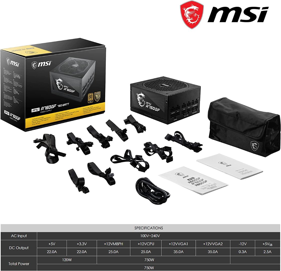 Alternative view of MSI MPG A750GF EU Plug PSU 750 W, 80 Plus Gold Certified, Fully Modular, 100% Japanese Capacitor, Flat Cables, ATX Power Supply Unit, EU Powercord, Black